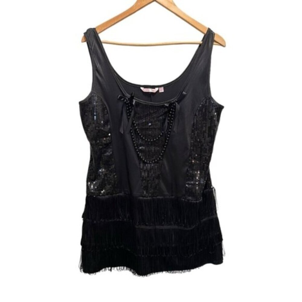 La Vie En Rose Black Sequin Fringe Scoop Neck Mini Slip Dress Large Whimsy Goth